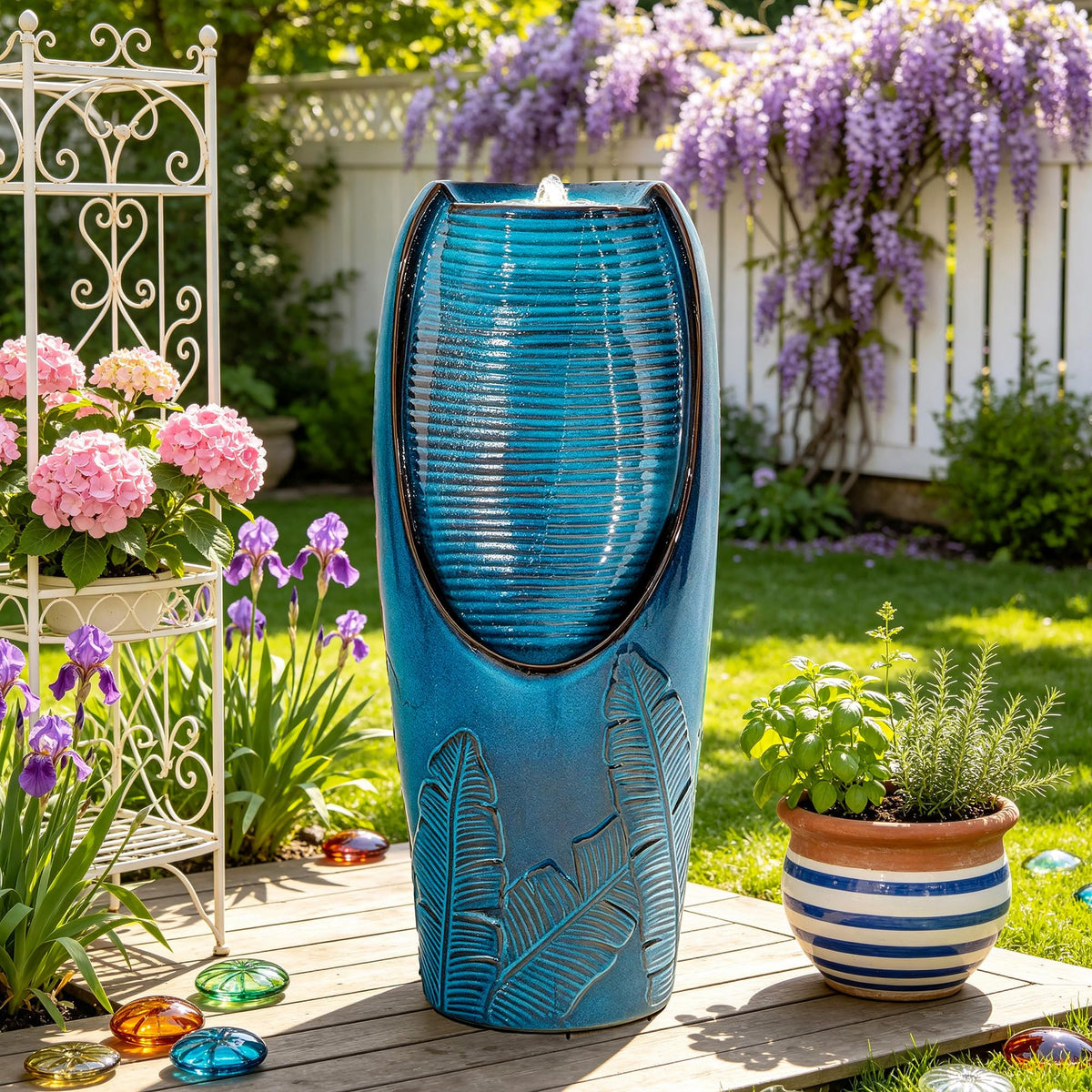 Autodaya 33" H Ceramic Jar Outdoor Water Fountain (32"h-leaf Pattern Teal Blue Glaze)