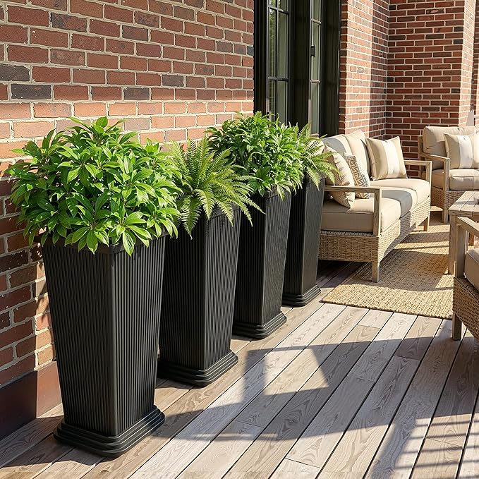 Tall Black Planters Outdoor Set of 2, Large Outdoor Tall Planters Pots with Tray, Modern Tapered Flower Planter for Front Porch, Patio, Garden (24", Ribbed)