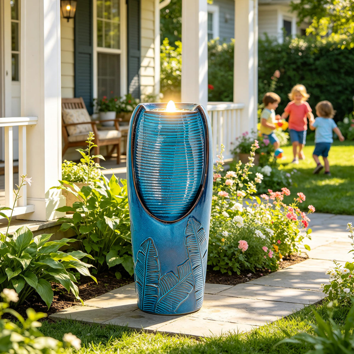 Autodaya 33" H Ceramic Jar Outdoor Water Fountain (32"h-leaf Pattern Teal Blue Glaze)