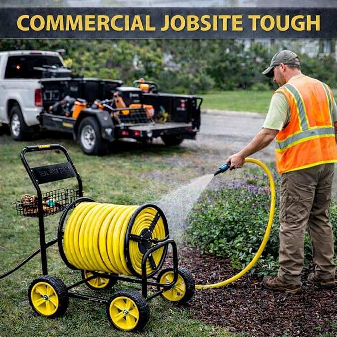 Heavy Duty Hose Reel Cart, Commercial Hose Reel with Wheels, Outdoor Water Hose Cart for Backyard, Farm & Ranch, or Contractor Use, Metal Hose Carts (4-Wheel, 400ft Capacity)