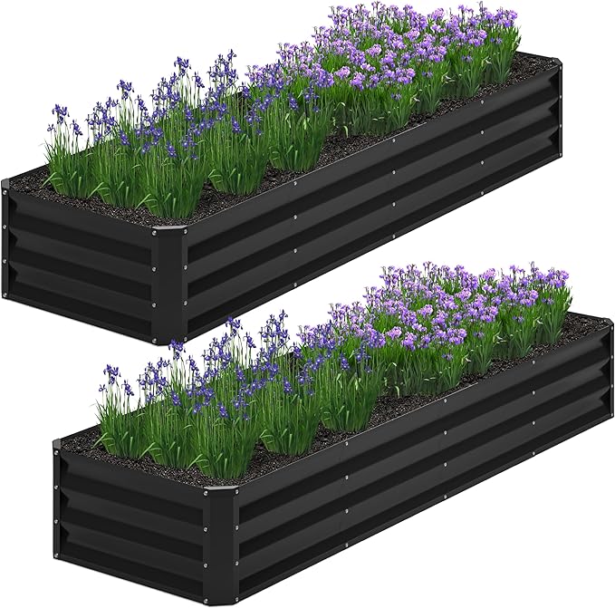 2PCS 8x2x1FT Galvanized Raised Garden Bed,Planter Raised Beds-Metal Garden Box,Large Plant for Outdoor Planting, Vegetables Bed，Flower,herb-Black