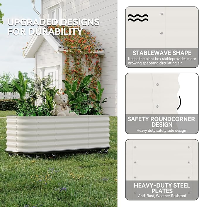 95x24x20 in Galvanized Raised Garden Bed with Wheels & Water Reservoir – Durable Outdoor Planter Box, Elevated Raised Beds for Gardening, Portable Garden Box for Indoor/Outdoor Plants,White