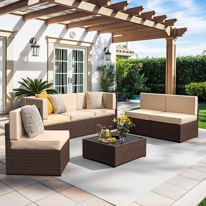 Pamapic Patio Furniture Set, 7 Pieces Modular Outdoor Sectional, Patio Sectional Sofa Conversation Set, Rattan Sofa with Coffee Table and Washable Cushions Covers (Brown Sugar)