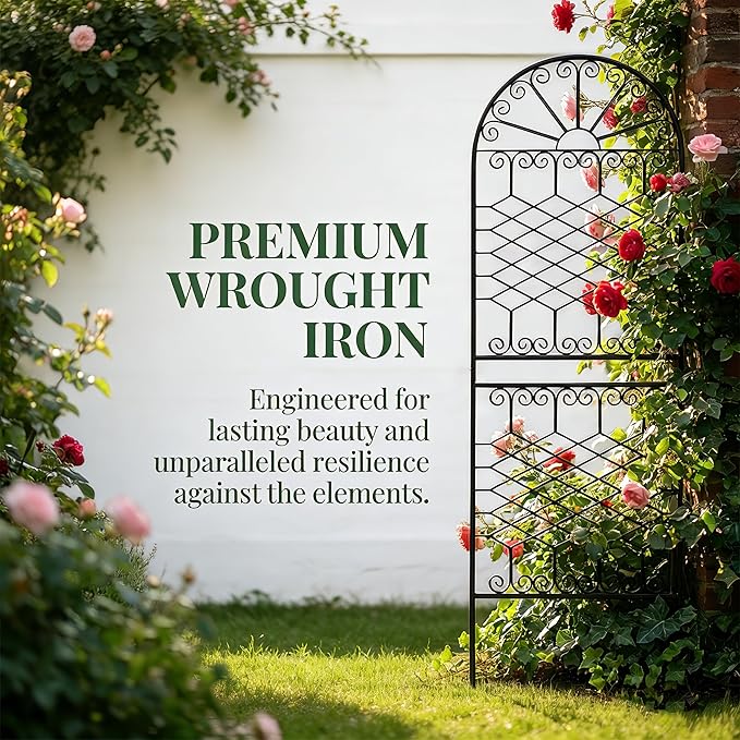 SCENDOR 70.8" H x 24.5" W Heavy-Duty Iron Garden Trellis, Arched Decorative Plant Support with Scrollwork, Rustproof Metal Trellis for Climbing Roses, Clematis, and Vines, for Lawn 1 Pack