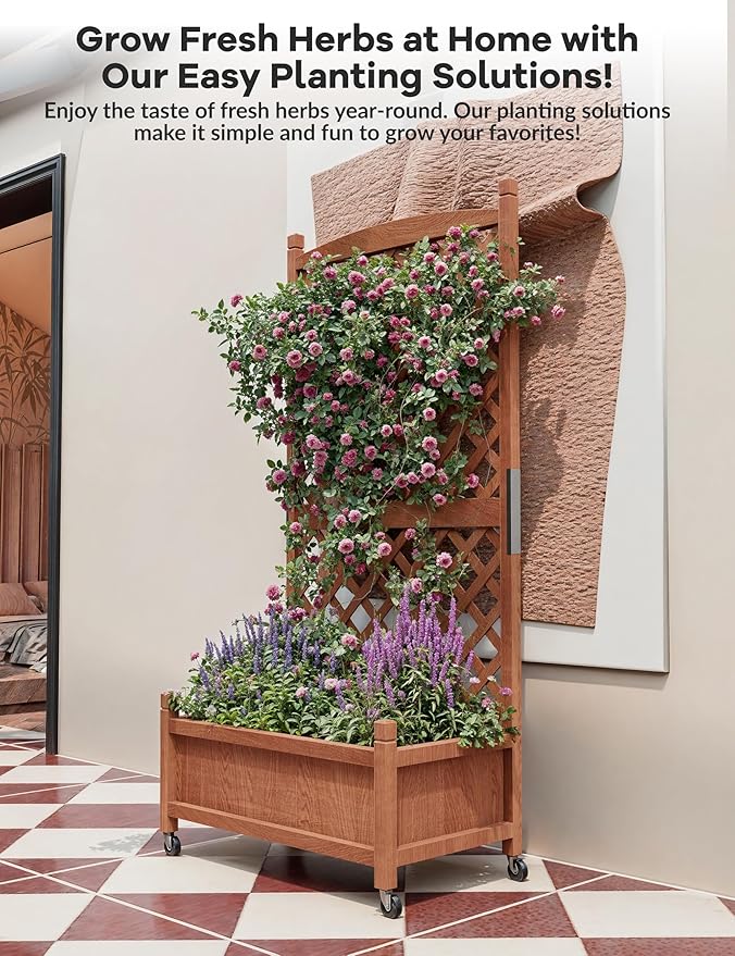 60 Inch Movable Raised Garden Bed with Trellis and Wheels, Wooden Freestanding Planter Box for Climbing Plants, Vegetables, Flowers, Outdoor & Indoor, Natural Fir Wood