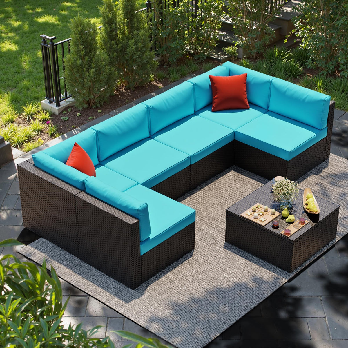 7 Pieces Patio Furniture Sets Outdoor All (Blue / 7 pcs)