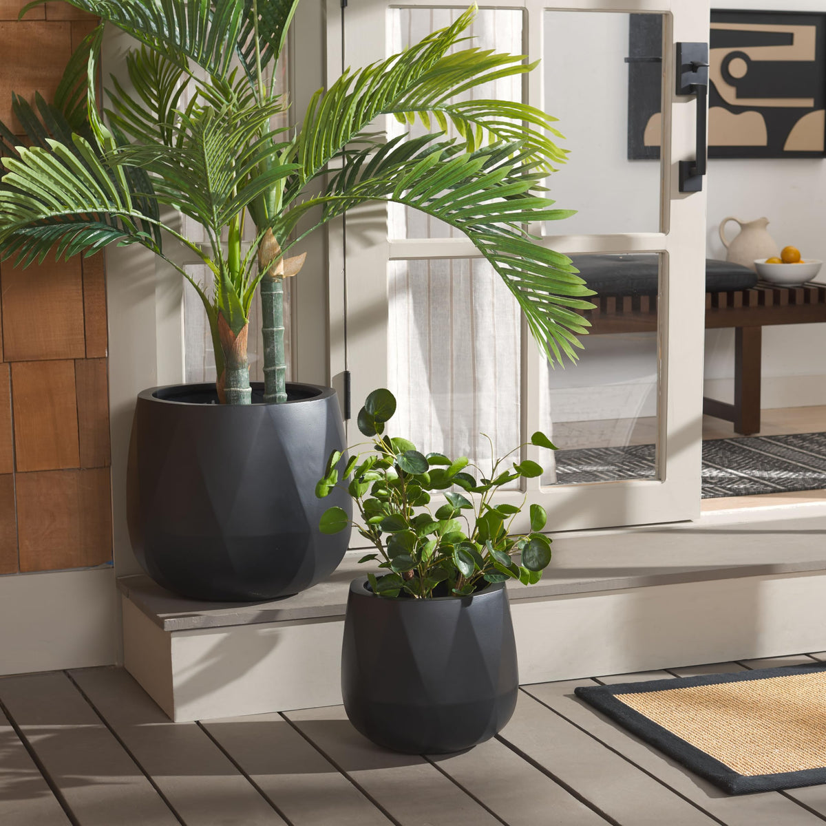Outdoor Collection Kane Black Cement Ficonstone Planter Pot Set of 2 (16"W x 16"D x 14"H / Black)
