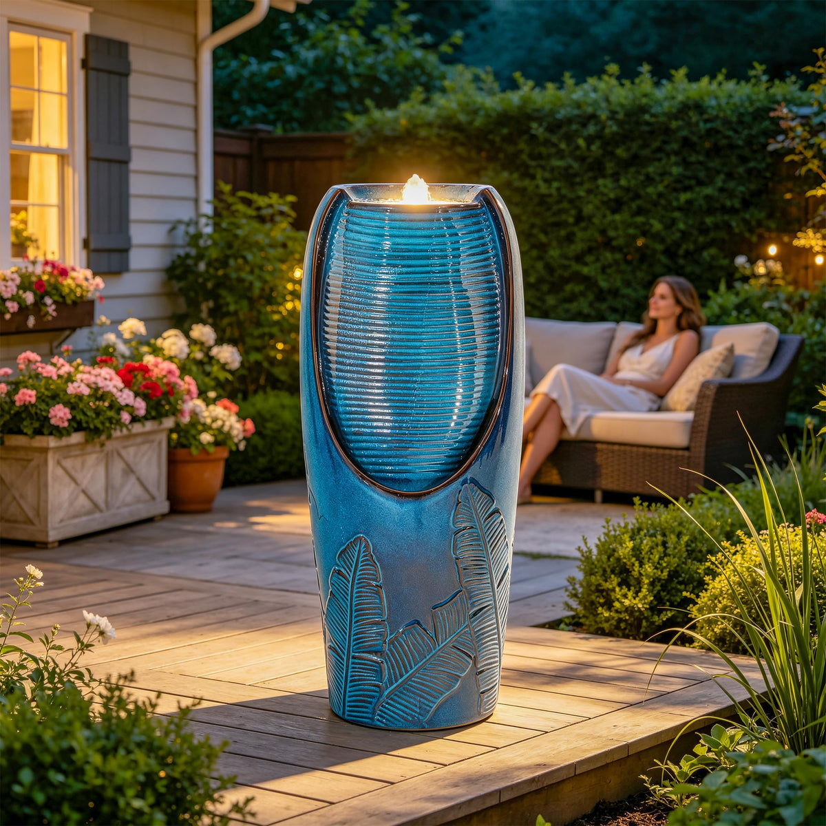 Autodaya 33" H Ceramic Jar Outdoor Water Fountain (32"h-leaf Pattern Teal Blue Glaze)