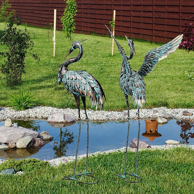 Garden Statues Large Metal Crane Sculptures, Outdoor Heron Metal Statue Yard Art for Garden Decor, Realistic Bird Art for Outdoor Decor, Standing Lifelike, Water&Rust-Proof, Set of 2 Bronze