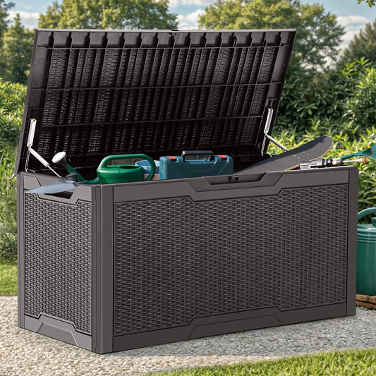 YITAHOME 100 Gallon Large Resin Deck Box Outdoor Storage Boxes for Patio Furniture, Outdoor Cushions, Garden Tools and Pool Supplies-Waterproof,Lockable (Dark Brown)