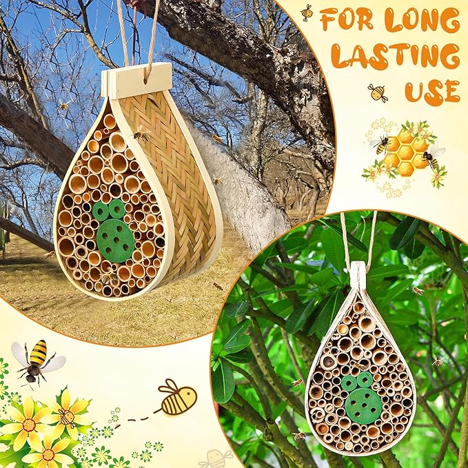 2 Pcs Mason Bee House Hanging Bee Hives Wild Pollinator Bamboo Mason Bee Habitat Hotel with Tubes Beekeeping Supplies for Enhance Garden Productivity(Water Drop)