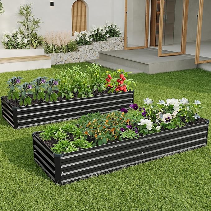 8×2×1FT(2PCS) Galvanized Raised Garden Bed Kit, Metal Planter Boxes,Large Outdoor Planters Garden for Planting Vegetables,Flowers,Herbs -Black