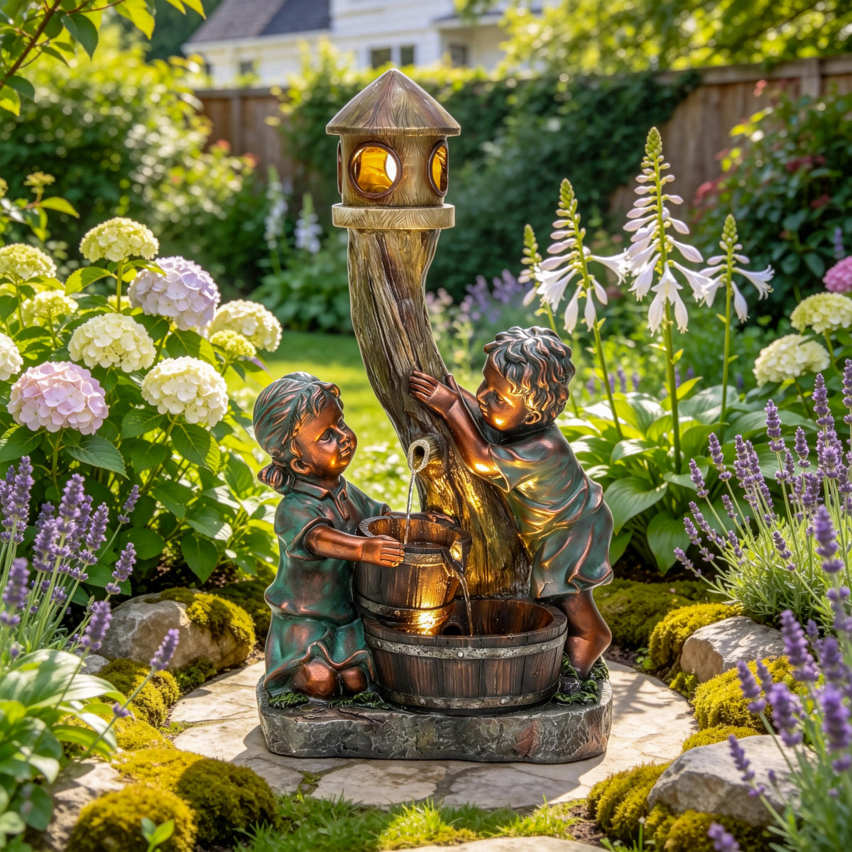 AUTODAYA 31" Boy and Girl Outdoor Fountain LED 3 (31"h Bronze)