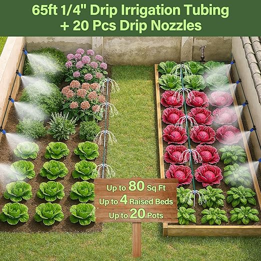 Bonviee 65FT Drip Irrigation System with Quick Connector- New Automatic Drip Irrigation Kits Garden Watering System for Raised Bed Garden Greenhouse with 1/4'' Tubing, Drip Emitters, Connectors
