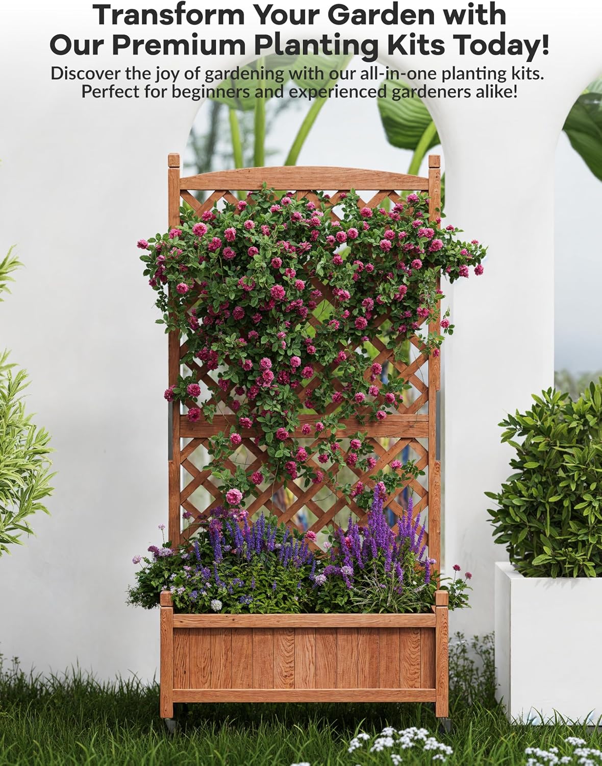 29.5" x 13"x 61.5" Wood Planter Box With Trellis For Plant & Flower, Raised Garden Bed With Wheels, Standing Vertical Horticulture Trellis Planter With Drainage Holes for Patio Garden, 1PC
