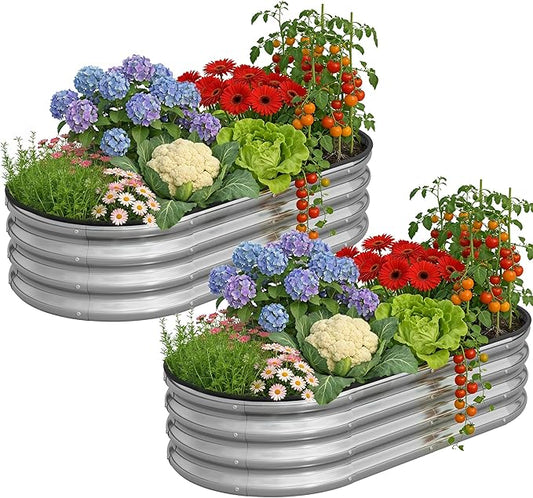 Galvanized Metal Raised Garden Bed Kit for Outdoor Planter Boxes with Easy Assembly,Oval Large Galvanized Gardening Raised Bed for Vegetables, Fruits, Flower (Silver, 4 * 2 * 1ft-2P)