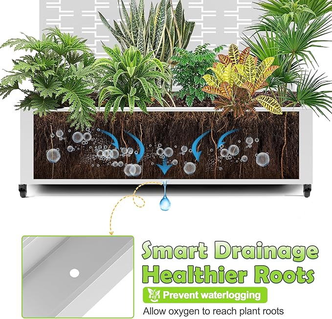 15.7"×70.9"×47.2" Metal Raised Garden Bed with Trellis and Wheels - Tall Trellis Planter Box for Climbing Plants, Vegetables & Vines - Outdoor Privacy Planters for Patio (White-Brick)
