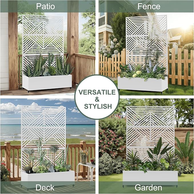 Standing Metal Planter Box with Trellis and Wheels for Climbing Plants, Raised Garden Beds with Drainage Holes, 47" L×16" W×71" H Privacy Boxes with Trellis (White Zodiac)