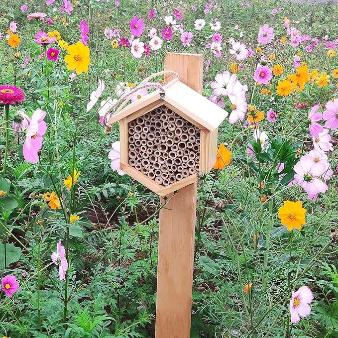 Mason Bee House Native Bee Hive Hexagon Bee House Handmade Wooden Mason Bee Box Habitat Home Hotel with Tubes -Attracts Peaceful Bee Pollinators to Enhance Your Garden's Productivity