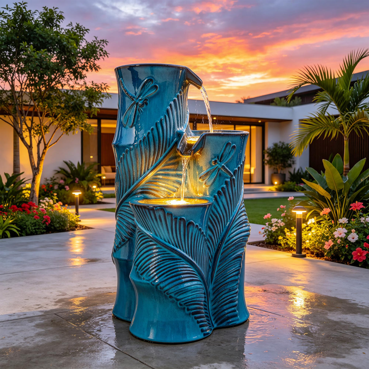 Autodaya Tropical Turquoise Ceramic Outdoor Water Fountain with Lights (25.5"h Bamboo-style Teal Blue)