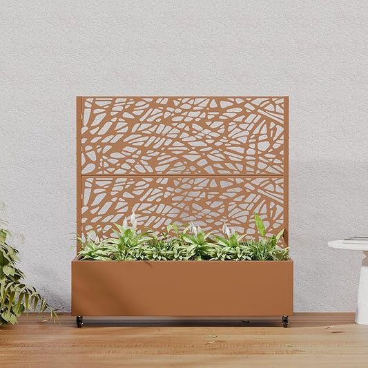 Casaphoria Metal Raised Garden Bed with Trellis and Wheels, 47"x47"x16" Planter Box for Climbing Plants, Vegetables & Vines, Features Drainage Holes and Privacy Screen, Brown-Net