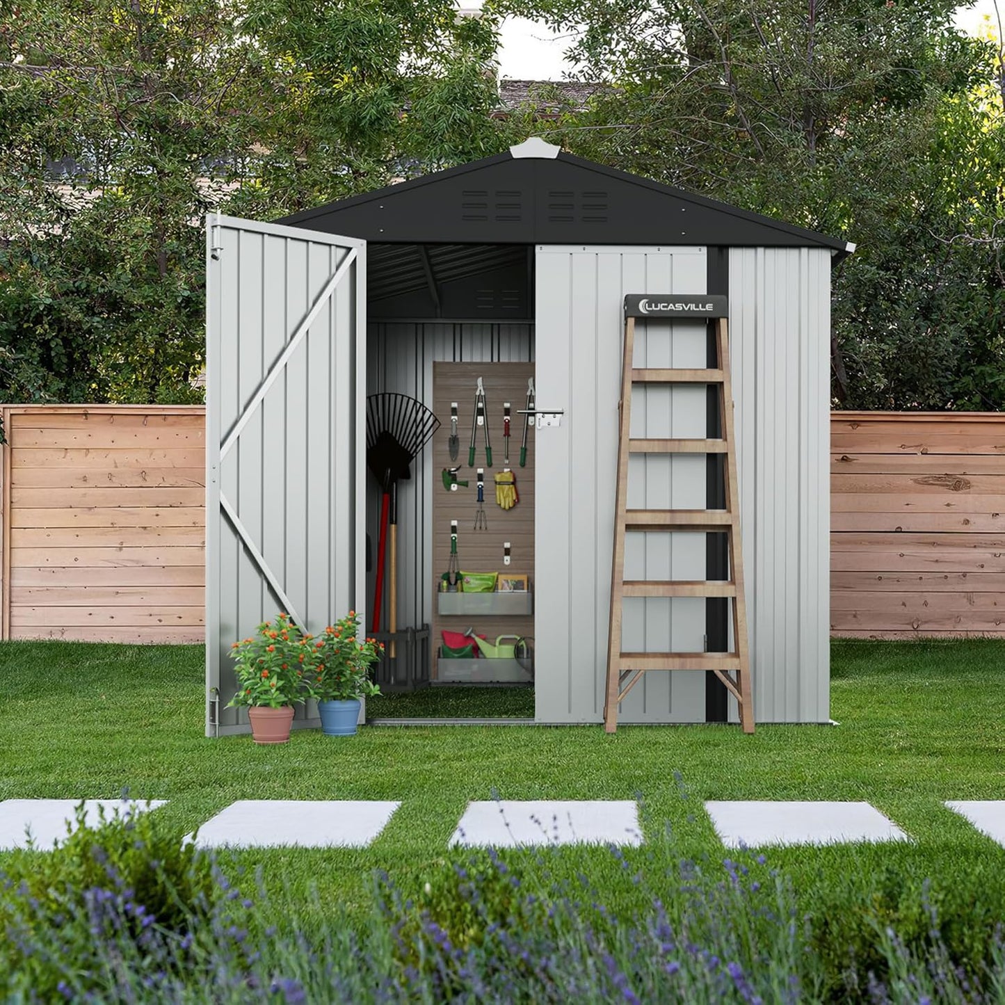 Devoko Outdoor Storage Shed 8 x 6 FT Lockable Metal Garden Shed Steel Anti-Corrosion Storage House with Single Lockable Door for Backyard Outdoor Patio (White)