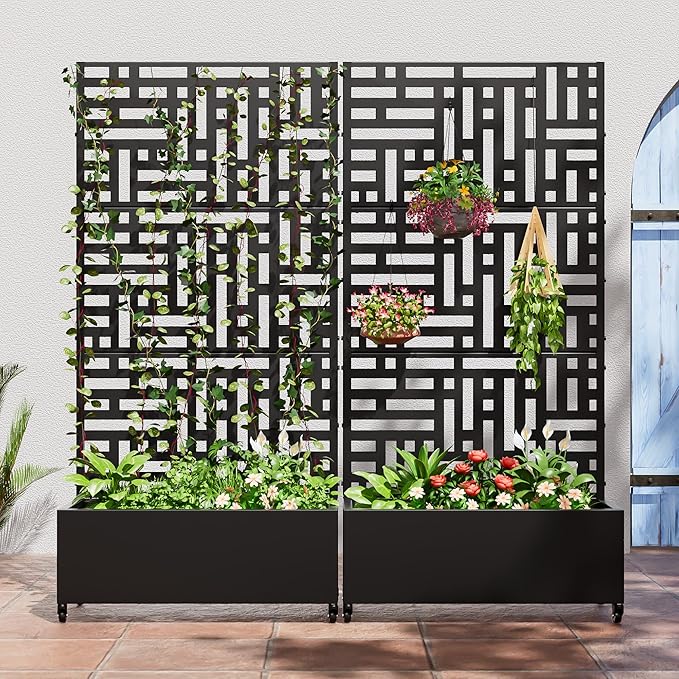 Casaphoria Metal Raised Garden Bed with Trellis and Wheels, 72"x35"x16" Planter Box for Climbing Plants, Vegetables & Vines, Features Drainage Holes and Privacy Screen (Black-Helen)