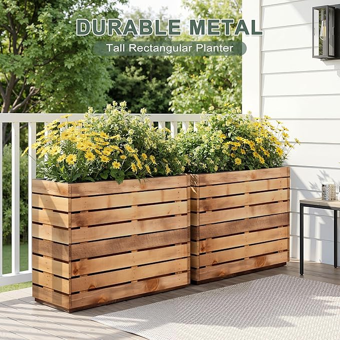 Metal Rectangular Planter Box with Drainage Holes, Tall & Large Rectangle Planter for Outdoor Plants, Flowers, Trees (30" L x 12" W x 24" H, Walnut Wood Grain)
