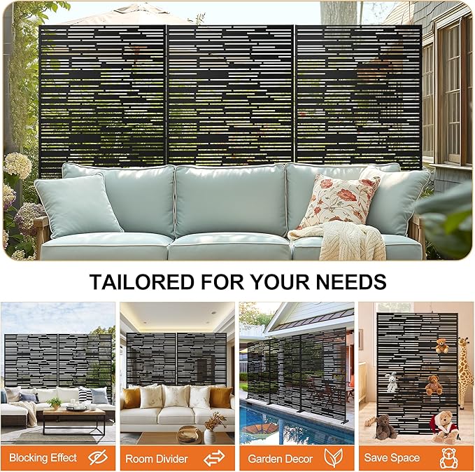 71" H×47" W Privacy Screen for Outdoor & Indoor Use, Freestanding Privacy Fences for Patio Deck Pool, Metal Privacy Screen Panels for Garden Decor (Black Shine, 3 Panels)