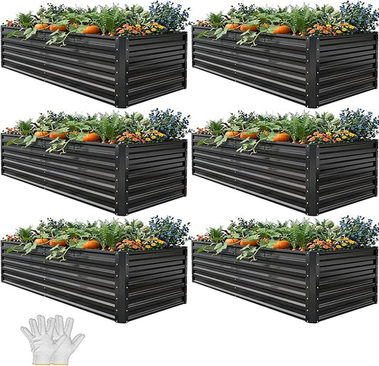 YITAHOME 6pcs 6x3x2 ft Galvanized Raised Garden Bed Kit, Large Metal Planter Box with Gloves & Support Rod, Outdoor Flower Bed for Plants Vegetables, Black