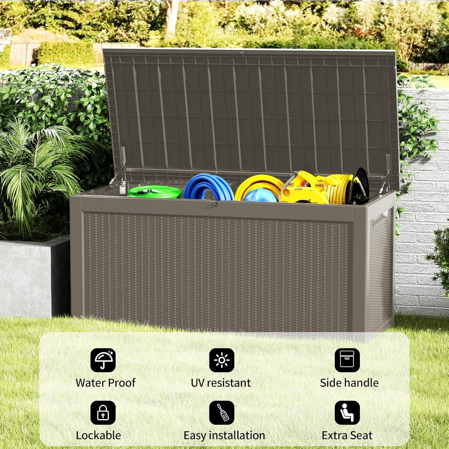 270 Gallon Deck Box, Resin Outdoor Indoor Waterproof Storage Box, Lockable Storage Box With Handle for Patio Furniture - Garden Tools - Swimming Pool Tools UV-Resistant, Brown