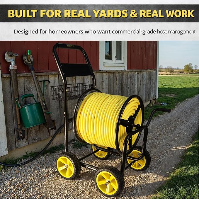 Heavy Duty Hose Reel Cart, Commercial Hose Reel with Wheels, Outdoor Water Hose Cart for Backyard, Farm & Ranch, or Contractor Use, Metal Hose Carts (4-Wheel, 400ft Capacity)