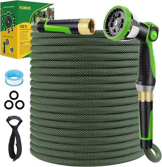 Non-Expandable Garden Hose 100 FT, Lightweight Hose with 10 Function Spray Nozzle, Kink-Free Flexible Water Hose, Durable, Leak-Proof, 360° Swivel Connectors, Portable Storage Strap
