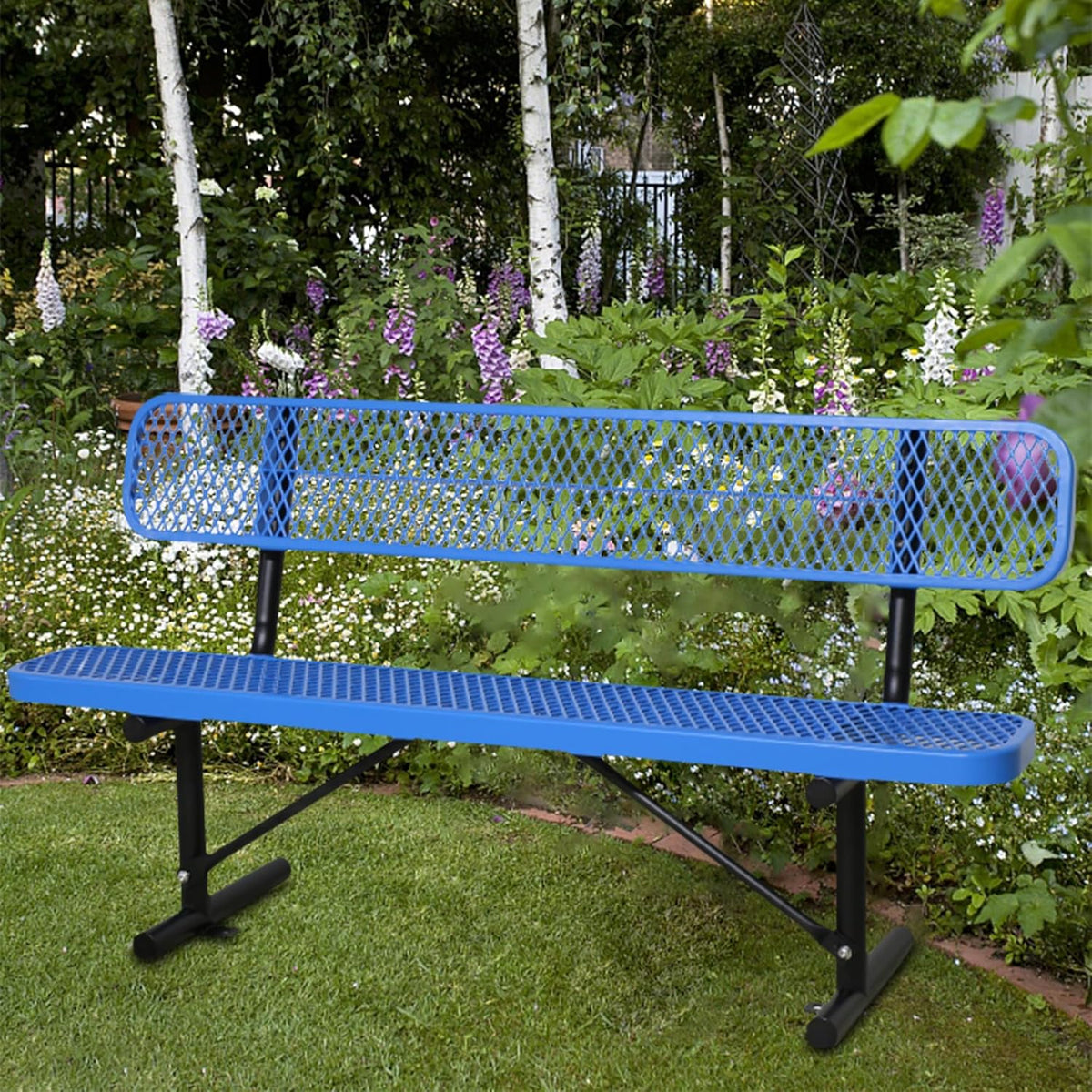 4/6/8 Feet Park Bench for Outside Heavy Duty Metal, Garden Benches Outdoor Bench with Backrest & Portable Frame, for Shopping Malls Stores Parks Patios Decks, Blue
