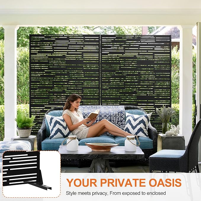 71" H×47" W Privacy Screen for Outdoor & Indoor Use, Freestanding Privacy Fences for Patio Deck Pool, Metal Privacy Screen Panels for Garden Decor (Black Shine, 3 Panels)