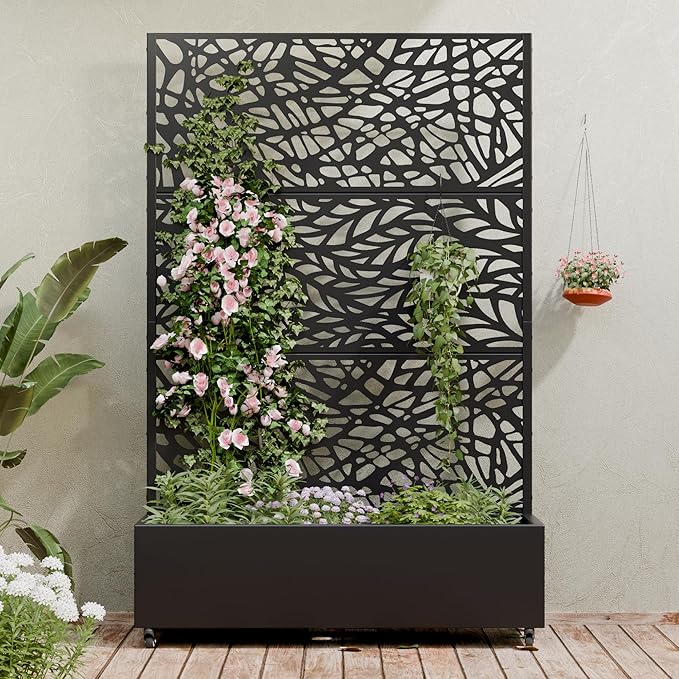 Casaphoria Metal Raised Garden Bed with Trellis and Wheels, 72"x 47"x 16" Planter Box for Climbing Plants, Vegetables & Vines, Features Drainage Holes and Privacy Screen,Black(Black-Spring&Net)