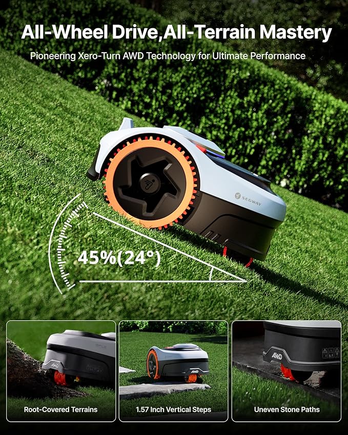 Segway Navimow i206 AWD Robot Lawn Mower Wire Free with Garage S, All-Wheel Drive for 45% Slopes, EFLS NRTK + Vision Auto Mapping, Covers 0.15 Acre (Garage Shipped Separately)