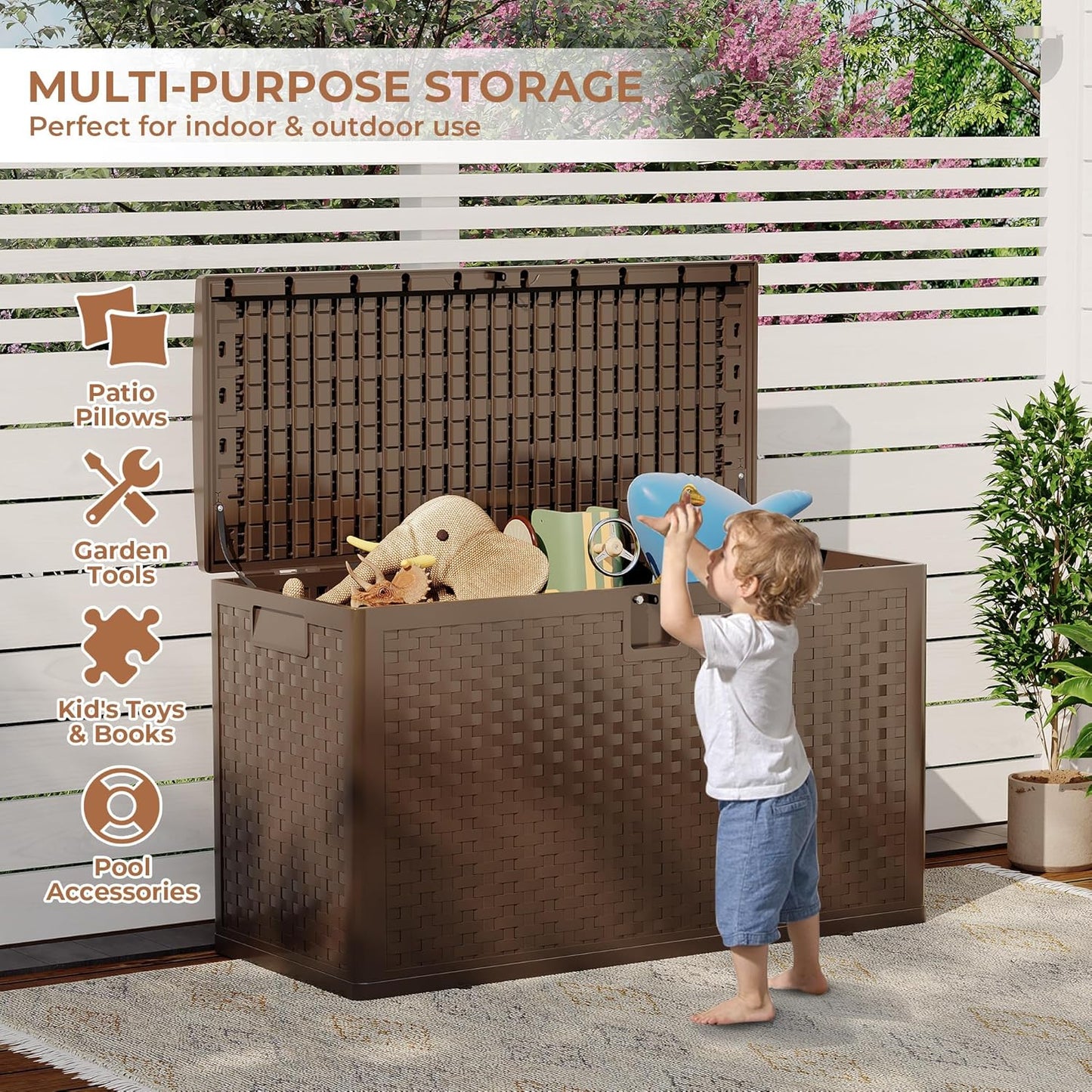 99Gallon Brown Resin Deck Box, Outdoor Storage Box Waterproof Lockable, Patio Deck Box For Package Delivery, Outside Storage Box Container for Furniture Cushions, Garden Tools, Pool Accessories