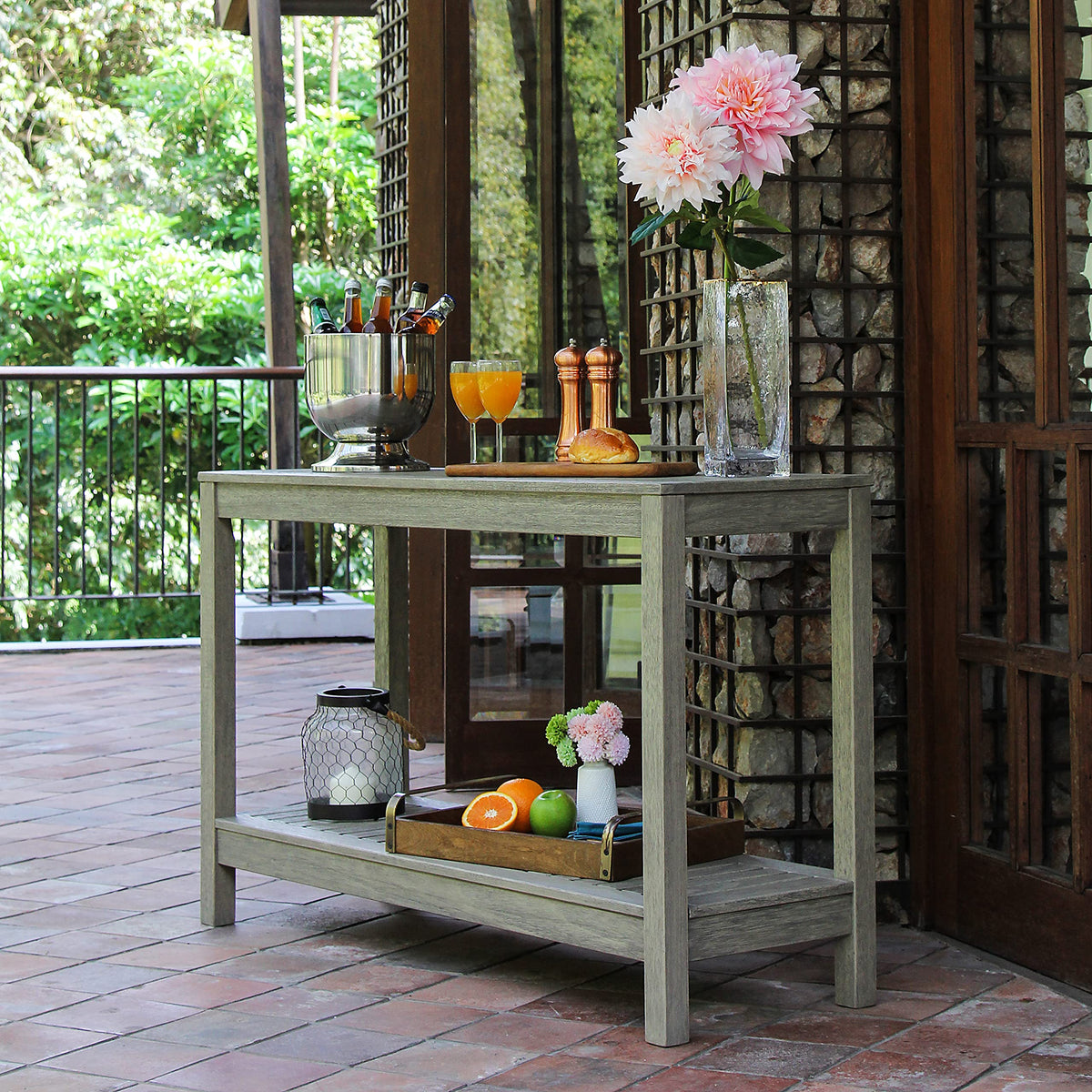 Solid Wood West Lake Outdoor Console Table (Weathered Gray/Teak)