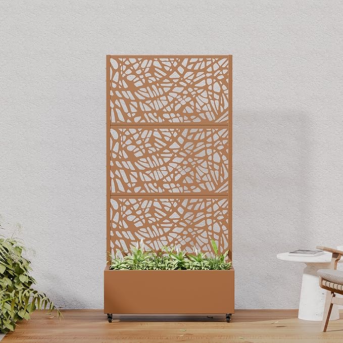 Casaphoria Metal Raised Garden Bed with Trellis and Wheels, 72"x35"x16" Planter Box for Climbing Plants, Vegetables & Vines, Features Drainage Holes and Privacy Screen, Brown-Net