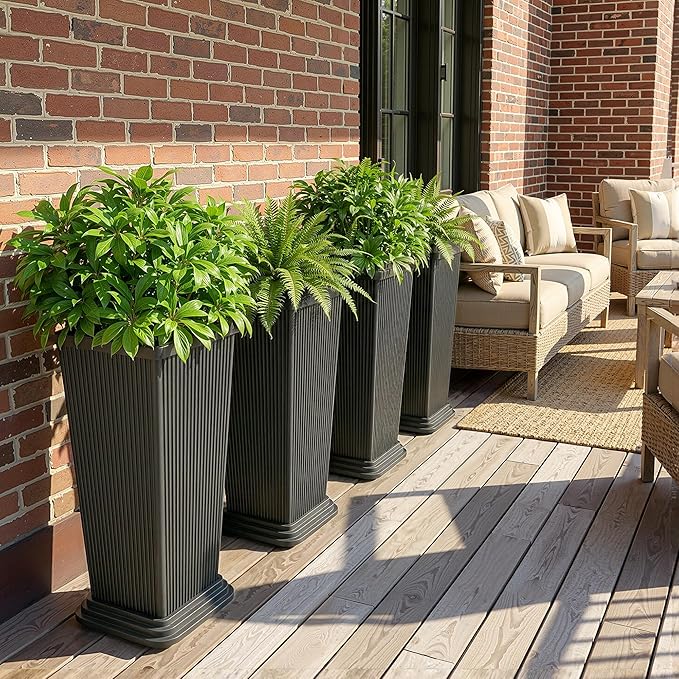 Set of 2 Tall Outdoor Planters with Drainage Tray, 24 Inch Large Flower Pots for Indoor Plants, Front Porch Tall Planter, Weather-Resistant (Gray Ribbed)