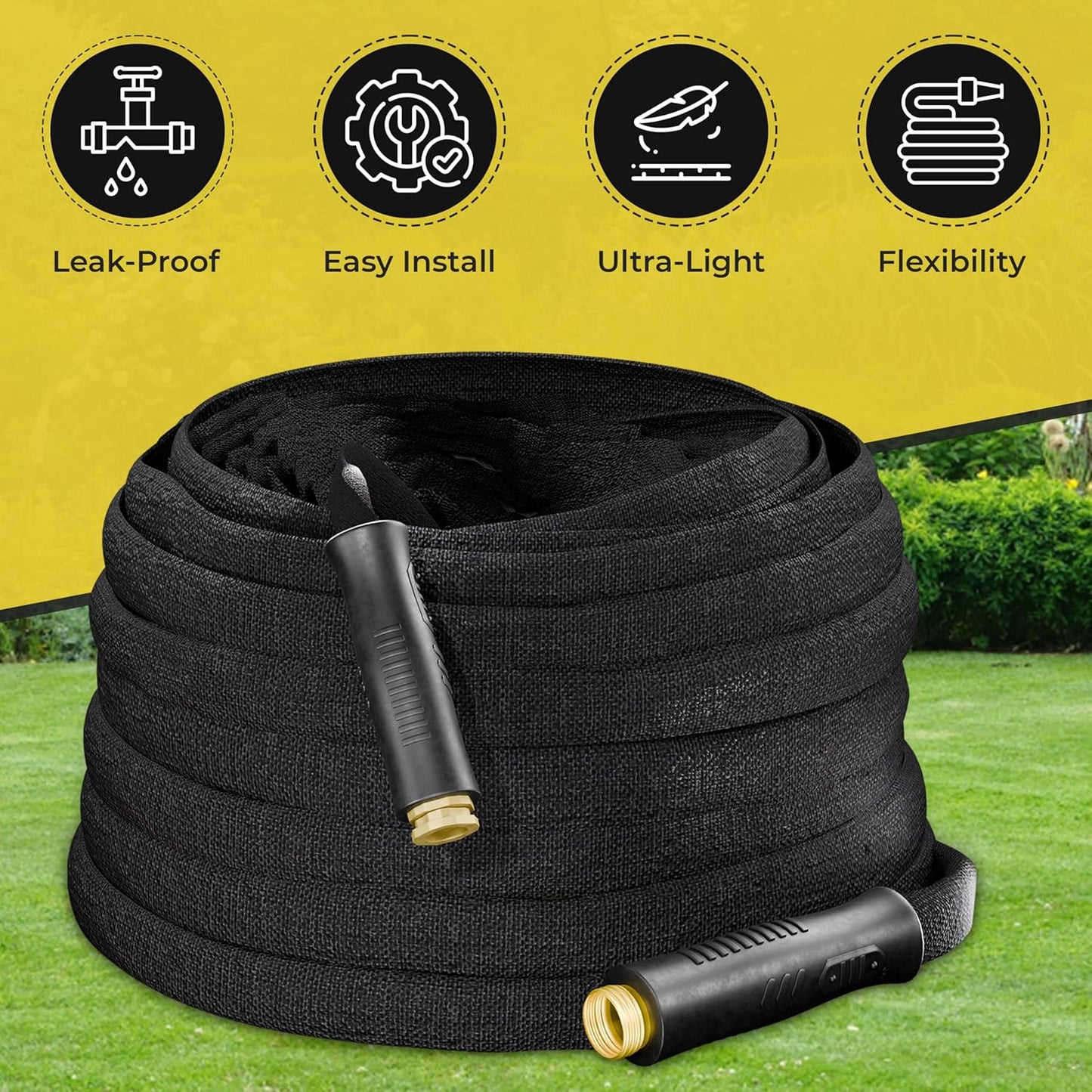 Flat Garden Hose 50FT – Non-Expanding, No-Kink, Leak-Proof Rubber Hose with Brass Fittings & 9-Function Nozzle – Lightweight, Flexible, Collapsible Water Hose for Garden, RV, Camper