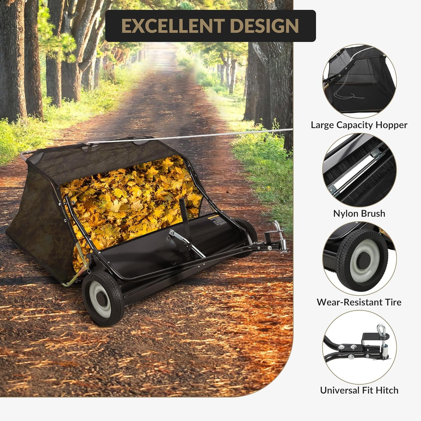 GAOMON 42 inch Lawn Sweeper Tow Behind, Large Pull Behind Lawn Sweeper, Heavy Duty Leaf & Grass Collector with Dumping Rope Design, Adjustable Sweeping Height for Picking Up Debris & Grass