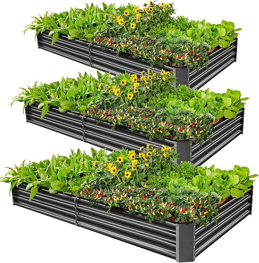 Land Guard 3 Pack 8×4×1ft Galvanized Metal Raised Garden Bed, Metal Planter Kit Box Outdoor for Deep-Rooted Vegetables, Flowers, Green and Herbs, Modern Grey