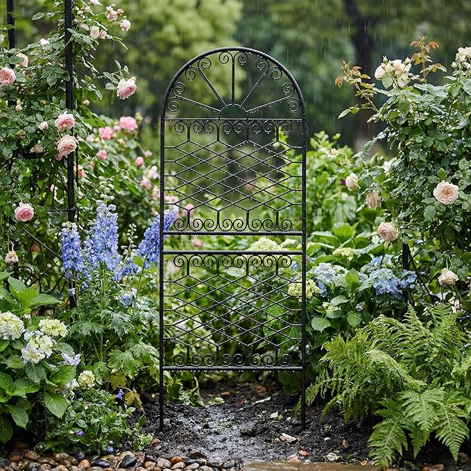 SCENDOR 59" H x 22" W Decorative Metal Garden Trellis for Climbing Plants, Rustproof Iron Arched Trellis with Scrollwork for Roses, Clematis, Ivy, Ideal for Patio, Lawn, and Backyard 1 Pack