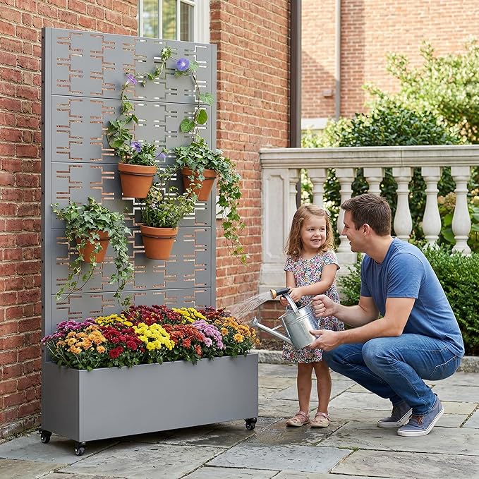 Casaphoria Metal Raised Garden Bed with Trellis and Wheels, 72"x35"x16" Planter Box for Climbing Plants, Vegetables & Vines, Features Drainage Holes and Privacy Screen, Grey-Brick