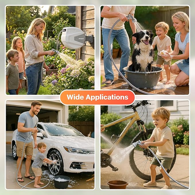 Ayleid Retractable Garden Hose Reel,1/2 in x 130 ft Wall Mounted Hose Reel, with 9- Function Sprayer Nozzle, Any Length Lock/Slow Return System/Wall Mounted/180°Swivel Bracket (Black)
