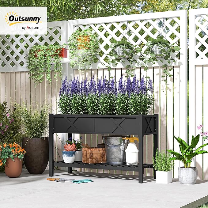 Outsunny Raised Garden Bed, Elevated Wood Planter Box with Storage Shelf, Drainage Holes and Liner for Backyard, Patio, Balcony, 47 x 22 x 31.5 in, Black