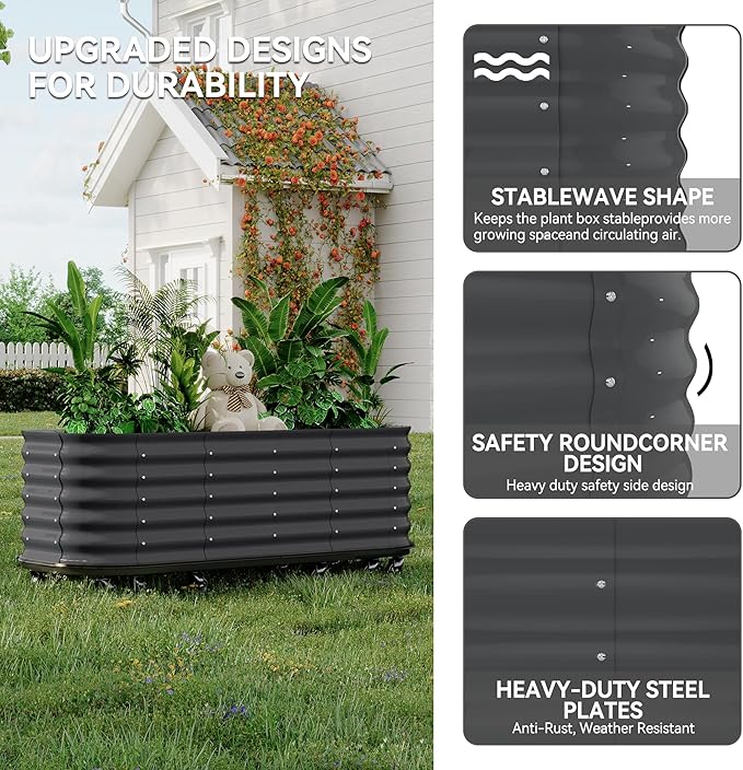 95x24x20 in Galvanized Raised Garden Bed with Wheels & Water Reservoir – Durable Outdoor Planter Box, Elevated Raised Beds for Gardening, Portable Garden Box for Indoor/Outdoor Plants, Gray