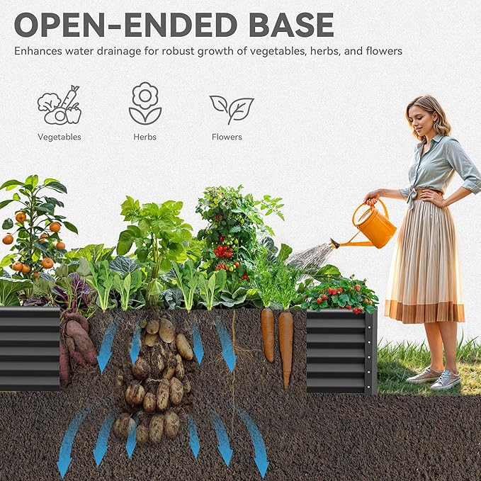 YITAHOME 2pcs 8x4x1.5 ft Galvanized Raised Garden Bed Kit, Large Metal Planter Box with Gloves, Safety Rubber & Support Rod, Outdoor Flower Bed for Plants Vegetables, Black